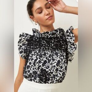 Mi Golondrina Olivia Jardin Negro Black & White Floral Blouse w/Ruffles
